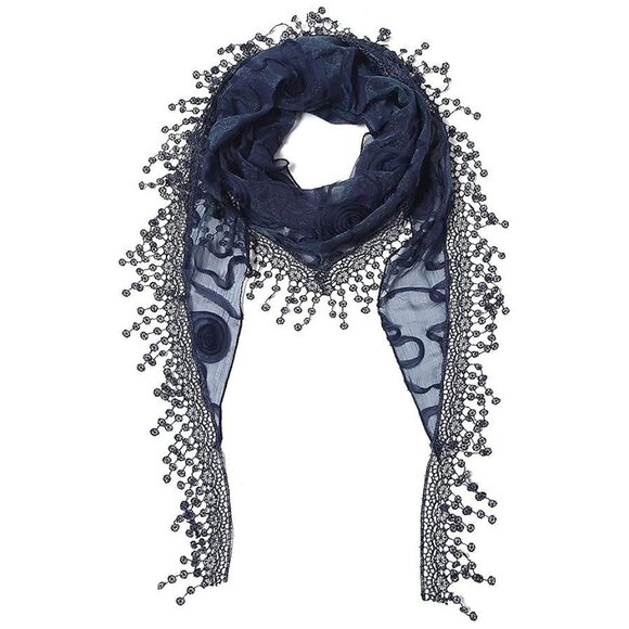 Accessories - Lightweight Triangle Floral Fashion Lace Fringe Scarf Wrap - Navy